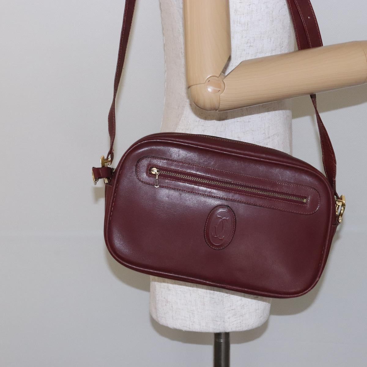 CARTIER Must Line Shoulder Bag Leather Bordeaux Gold Auth gh535