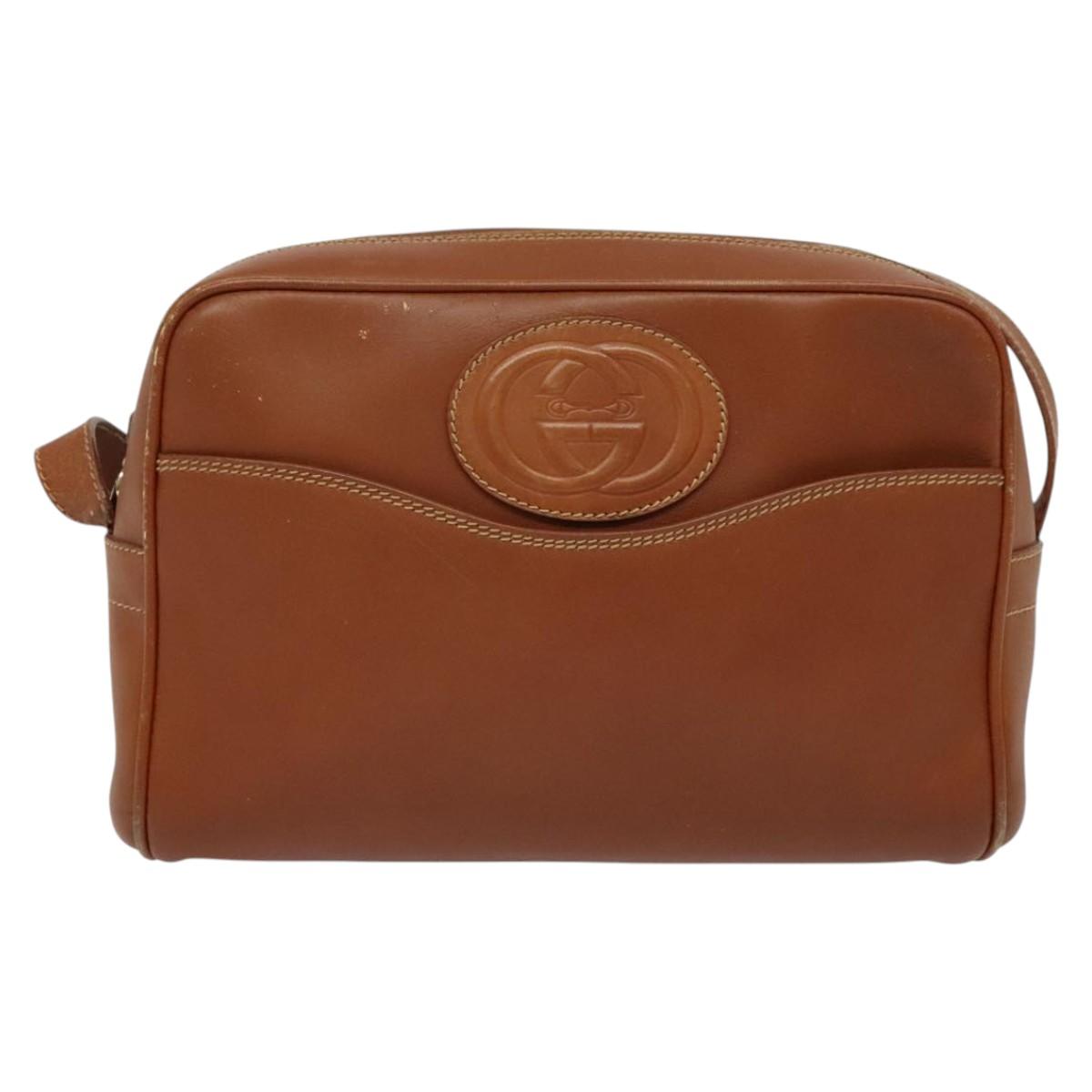 GUCCI Shoulder Bag Leather Brown Gold Auth gh539