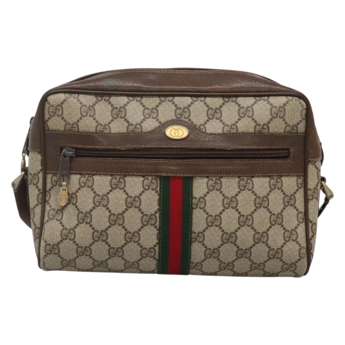 GUCCI GG Supreme Web Sherry Line Shoulder Bag PVC Beige Gold Red Auth gh559