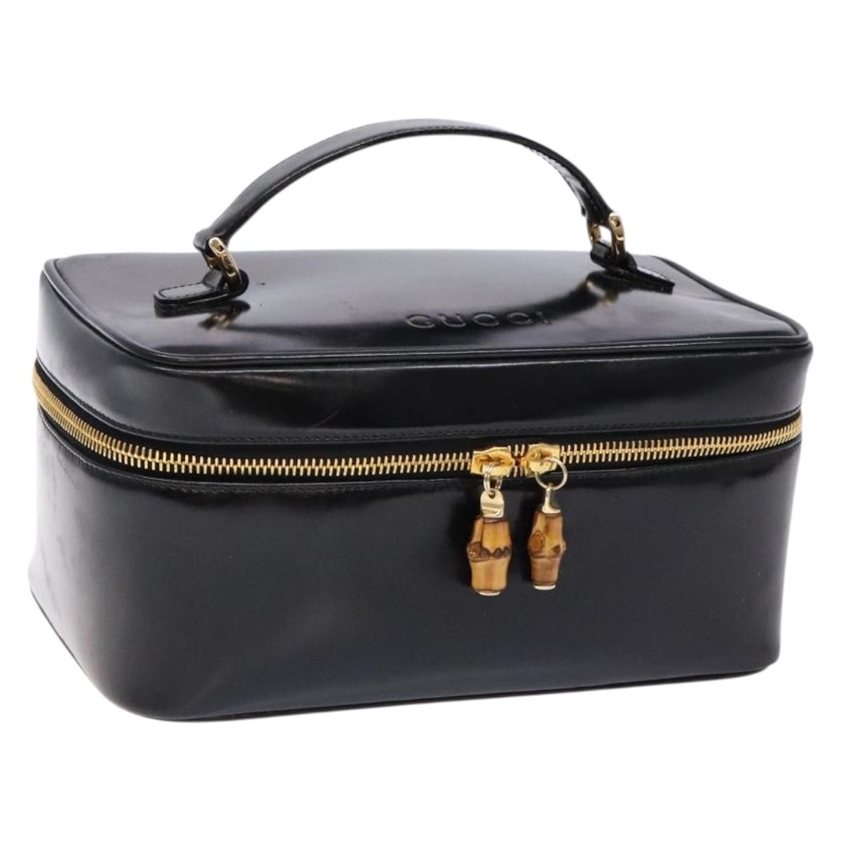 GUCCI Bamboo Vanity Hand Bag Patent leather Black Gold Auth gh565