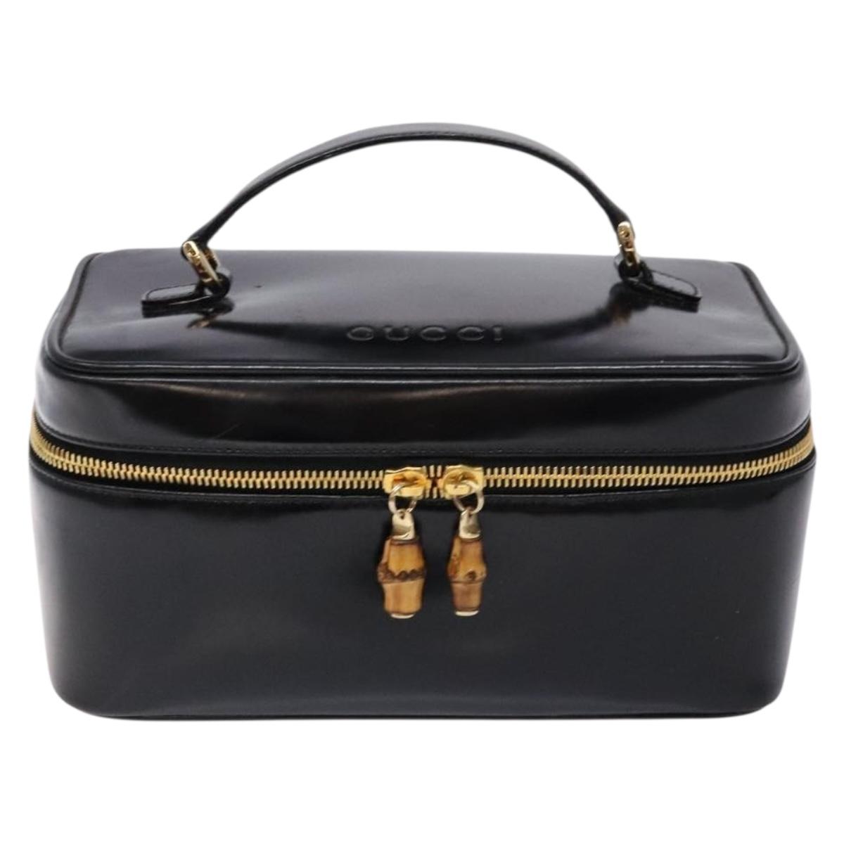 GUCCI Bamboo Vanity Hand Bag Patent leather Black Gold Auth gh565
