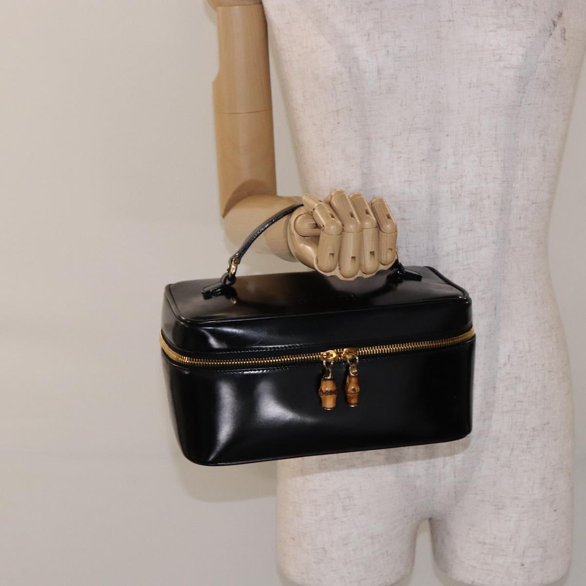 GUCCI Bamboo Vanity Hand Bag Patent leather Black Gold Auth gh565