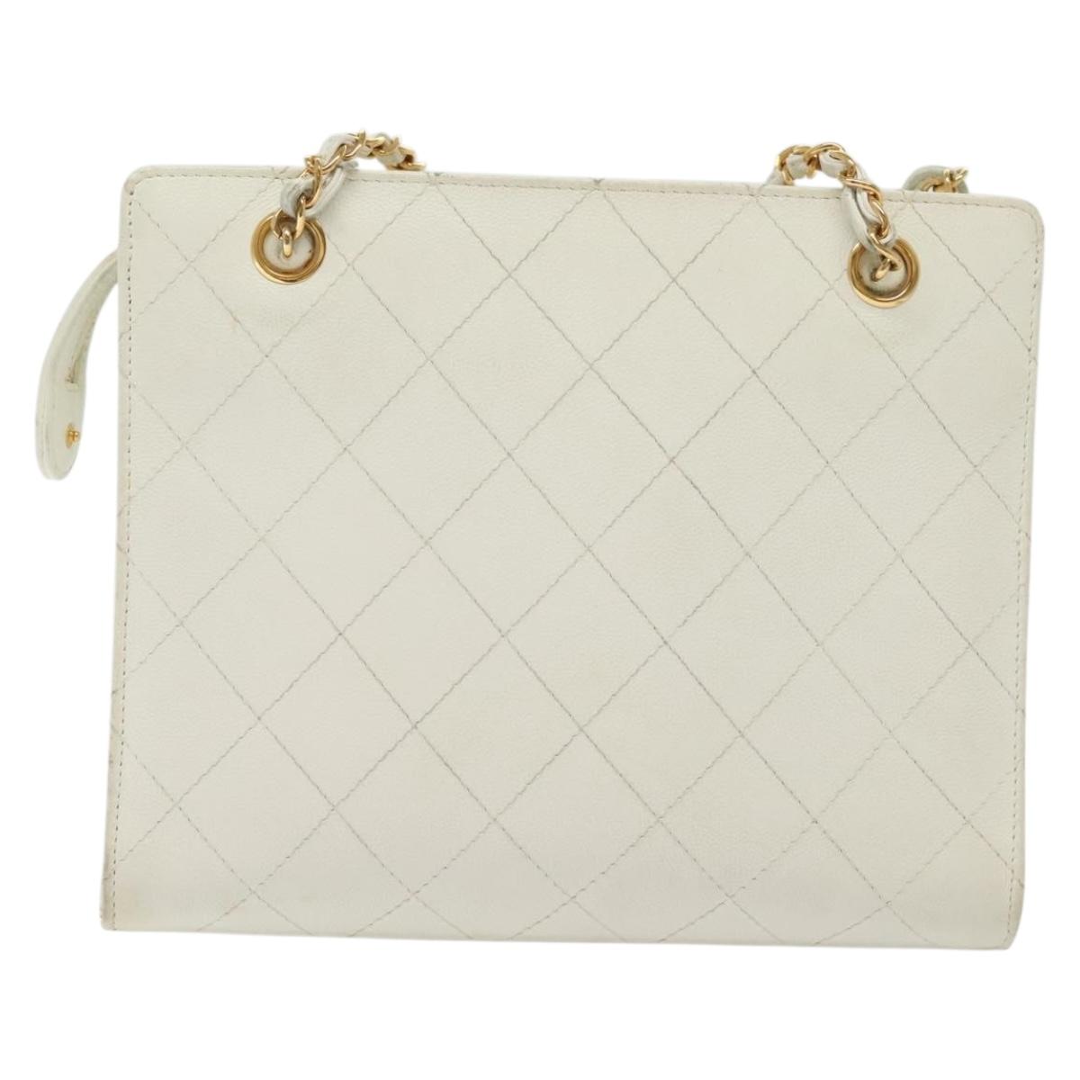 CHANEL Matelasse Chain Shoulder Bag Caviar Skin White Gold CC Auth gh580