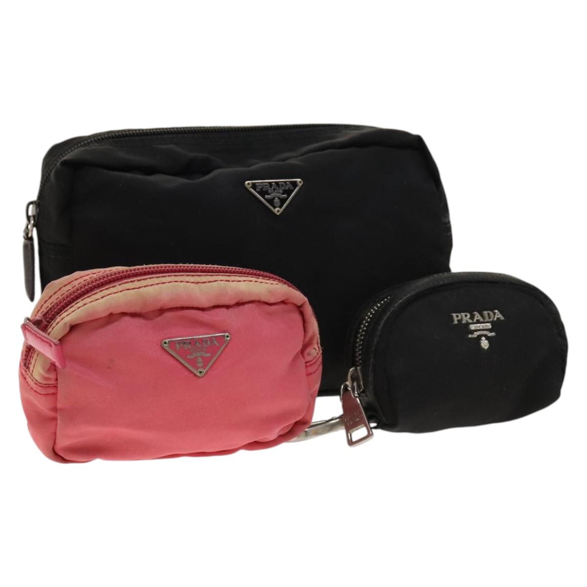 PRADA Pouch Nylon 3Set Black Pink Auth gh587