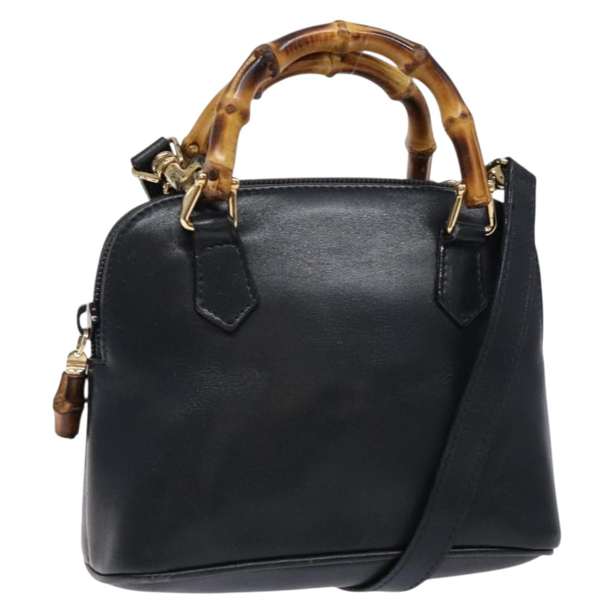 GUCCI Bamboo Hand Bag Leather 2way Black Gold 007 2032 0231 Auth gh595