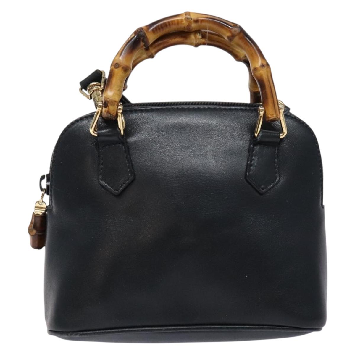 GUCCI Bamboo Hand Bag Leather 2way Black Gold 007 2032 0231 Auth gh595