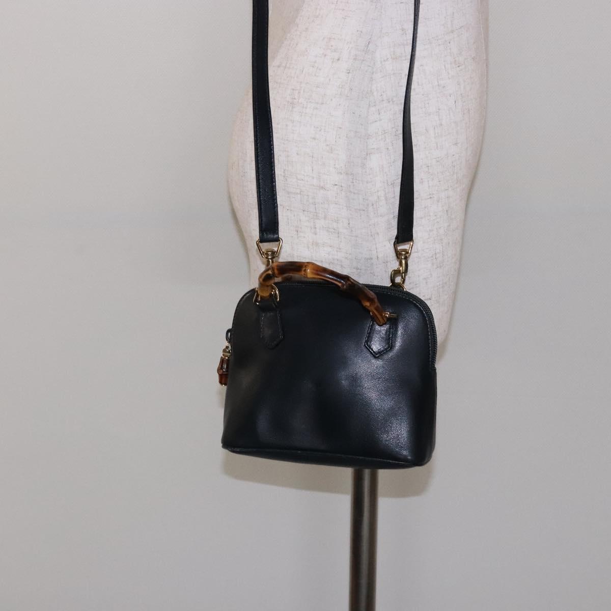 GUCCI Bamboo Hand Bag Leather 2way Black Gold 007 2032 0231 Auth gh595