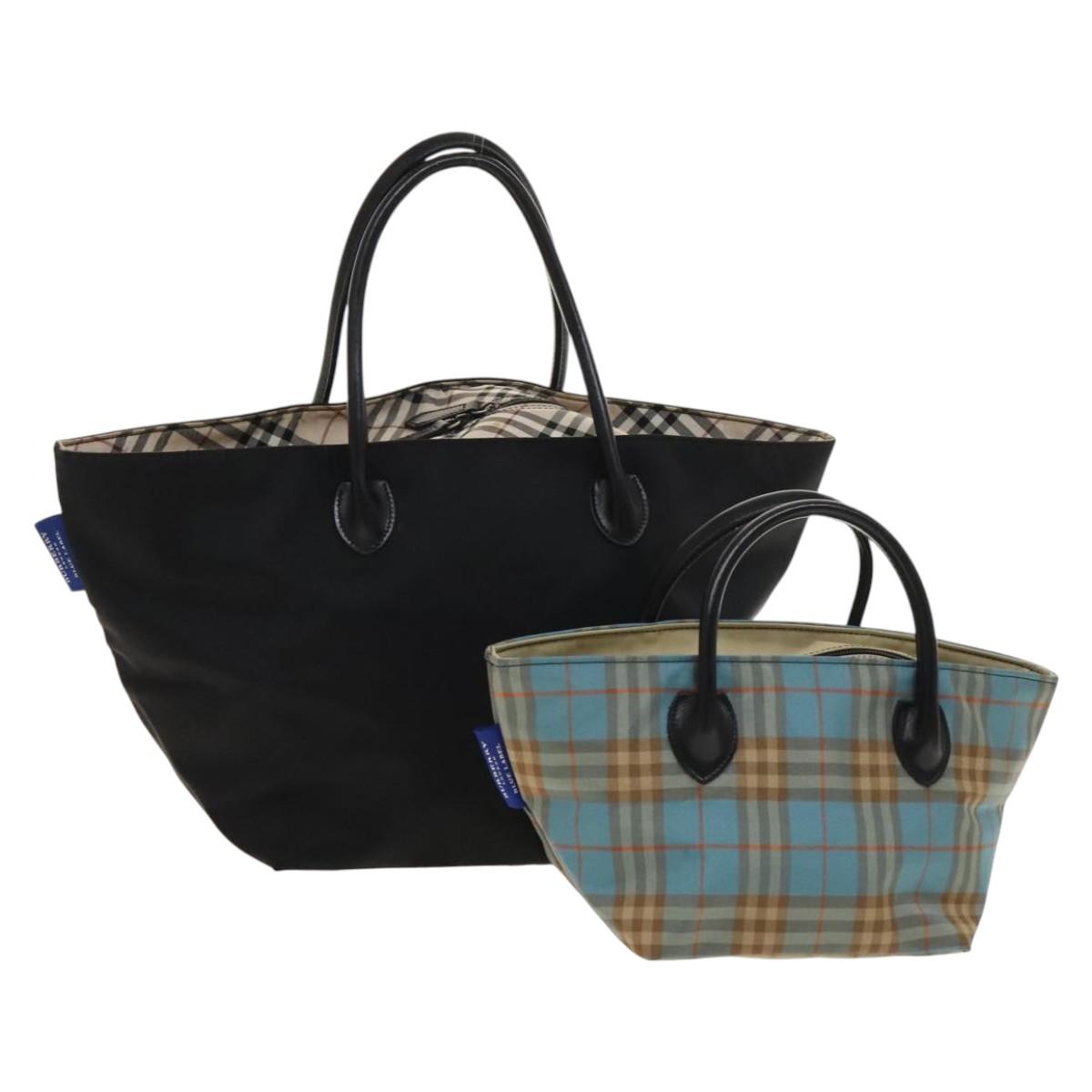 BURBERRY Nova Check Hand Bag Nylon 2Set Black Blue Auth gh596