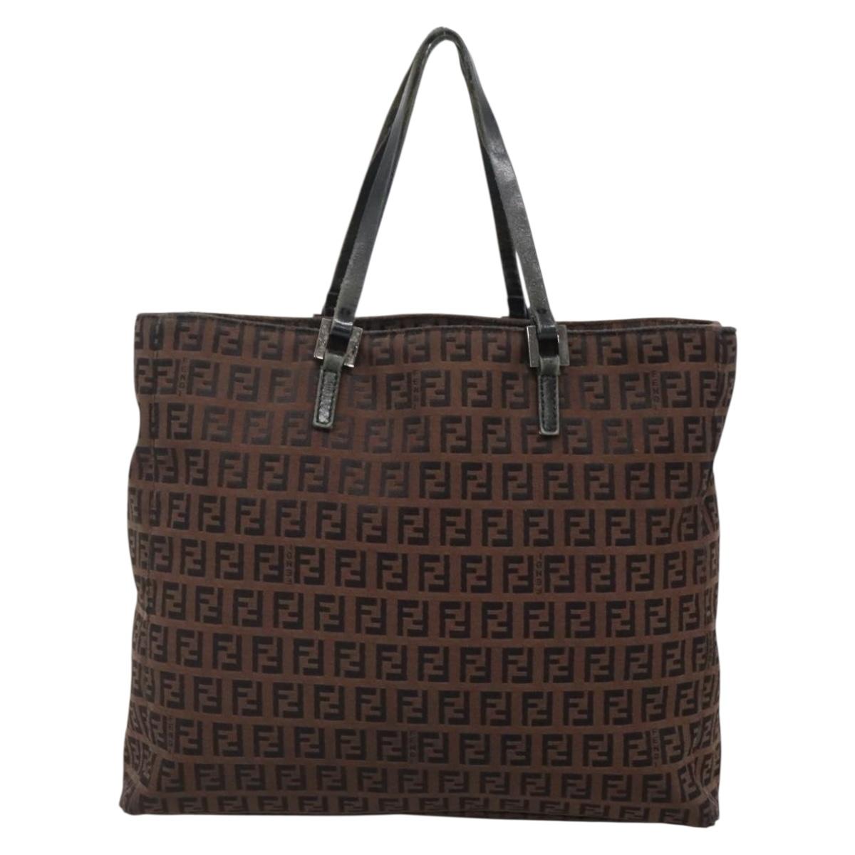 FENDI Zucchino Canvas Tote Bag Brown Silver Auth gh605