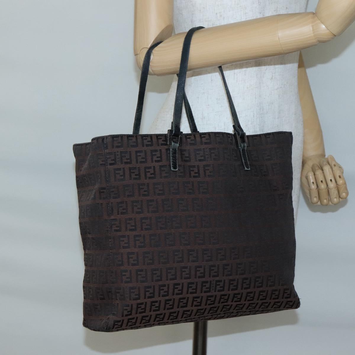 FENDI Zucchino Canvas Tote Bag Brown Silver Auth gh605