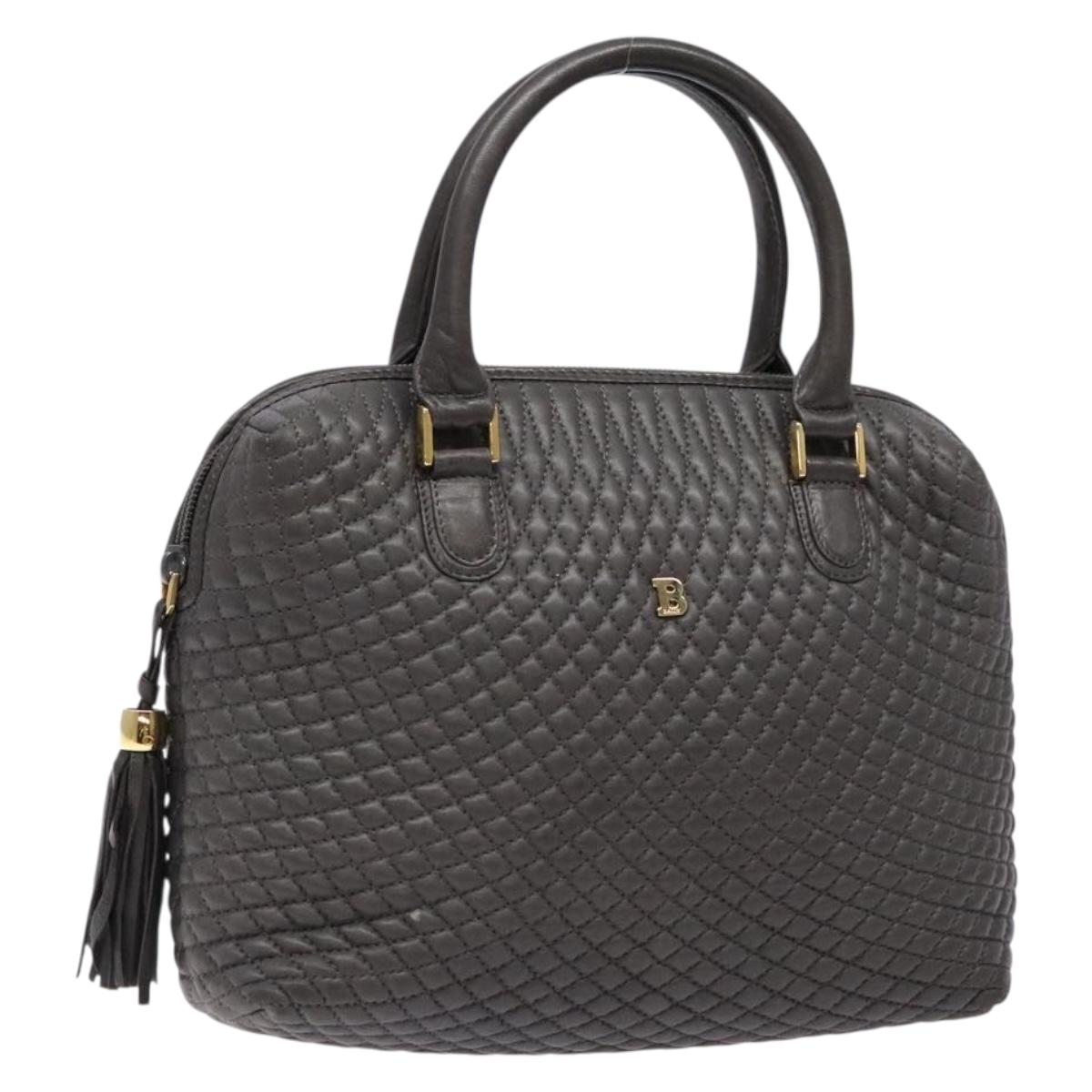 BALLY Hand Bag Leather Gray Gold Auth gh611