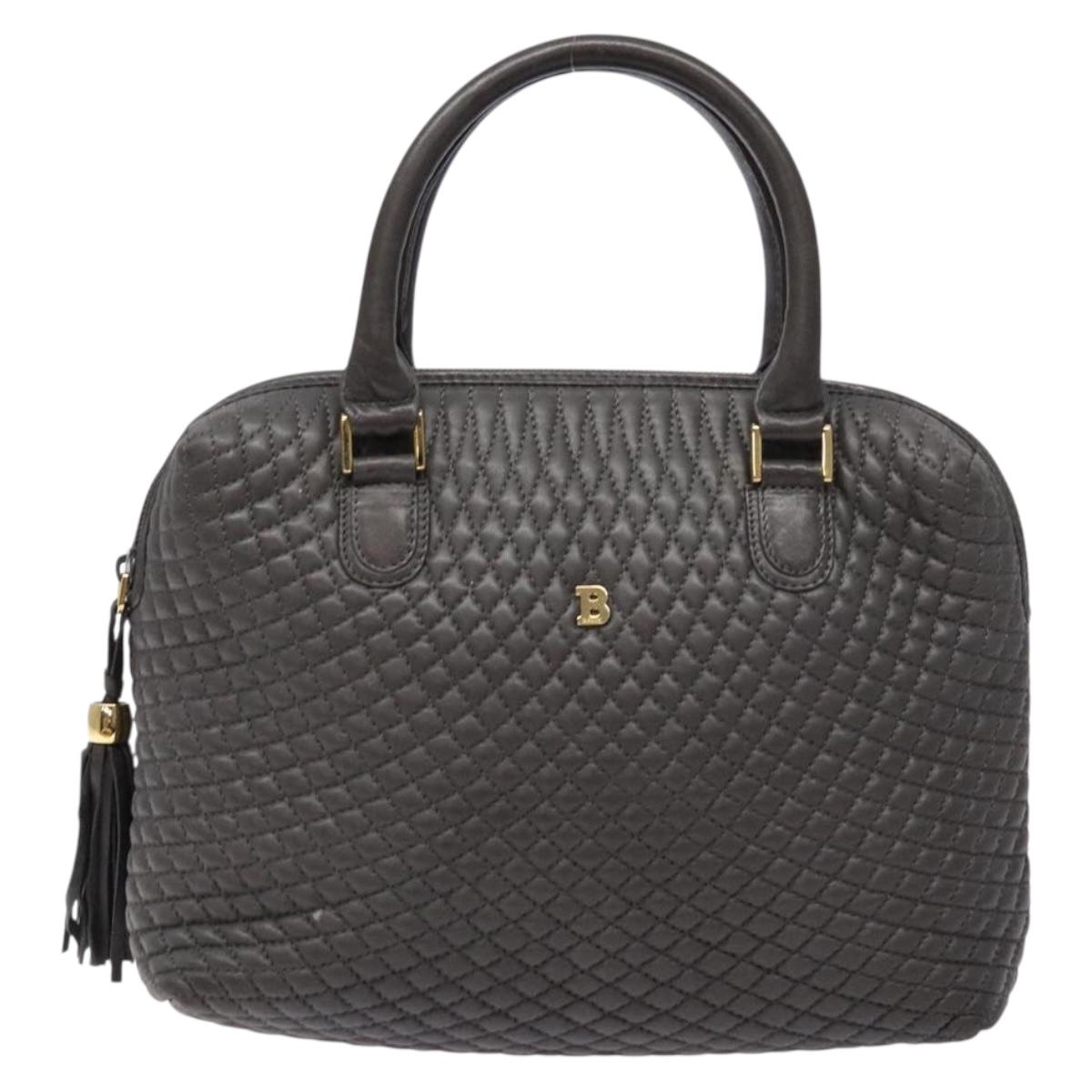 BALLY Hand Bag Leather Gray Gold Auth gh611