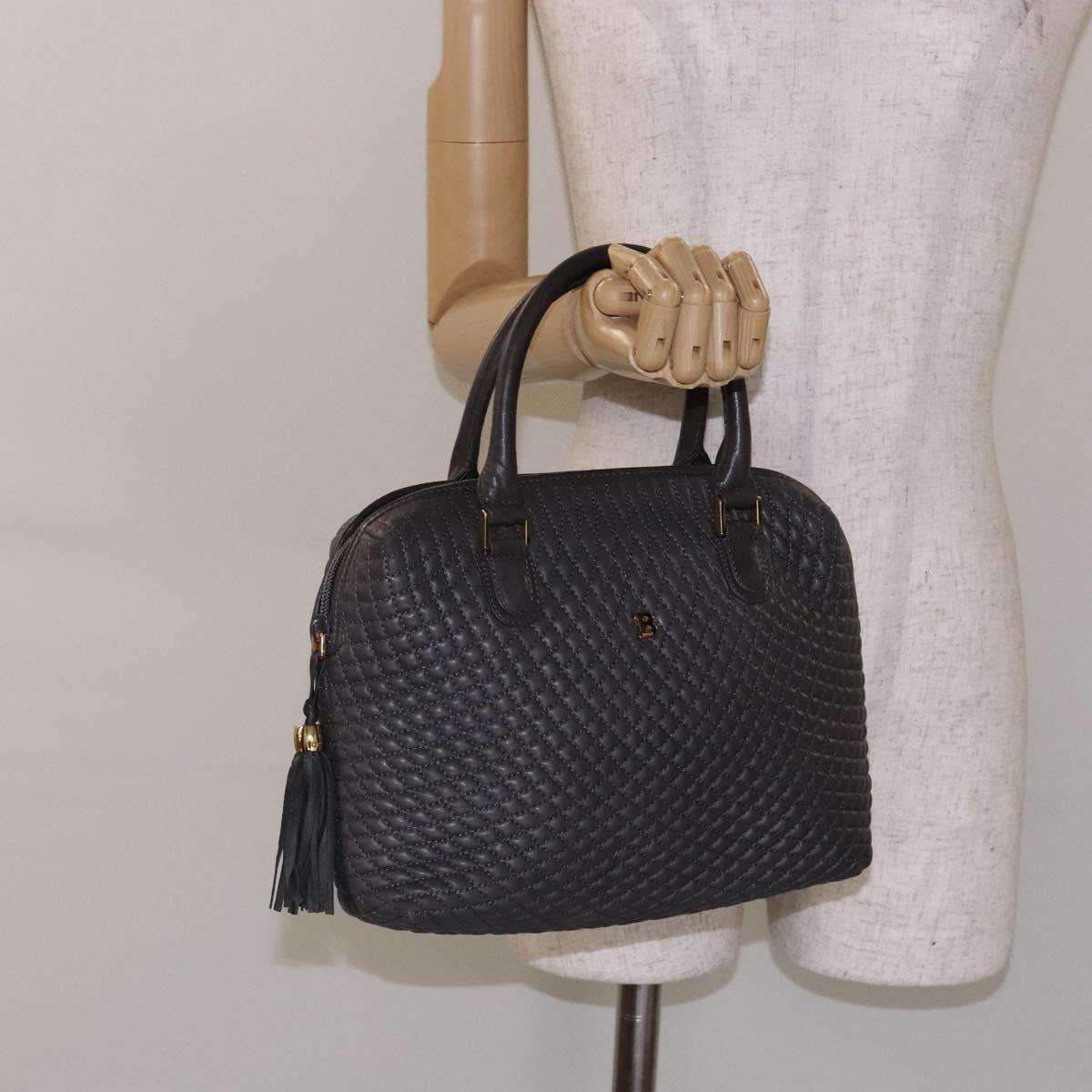 BALLY Hand Bag Leather Gray Gold Auth gh611