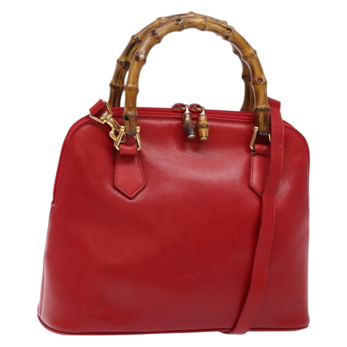 GUCCI Bamboo Hand Bag Leather 2way Red Gold Auth gh613