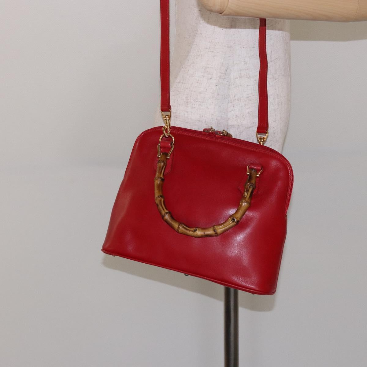 GUCCI Bamboo Hand Bag Leather 2way Red Gold Auth gh613