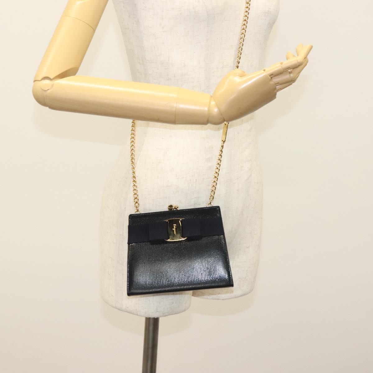 Salvatore Ferragamo Vala Chain Shoulder Bag Leather Navy Gold Auth gh620