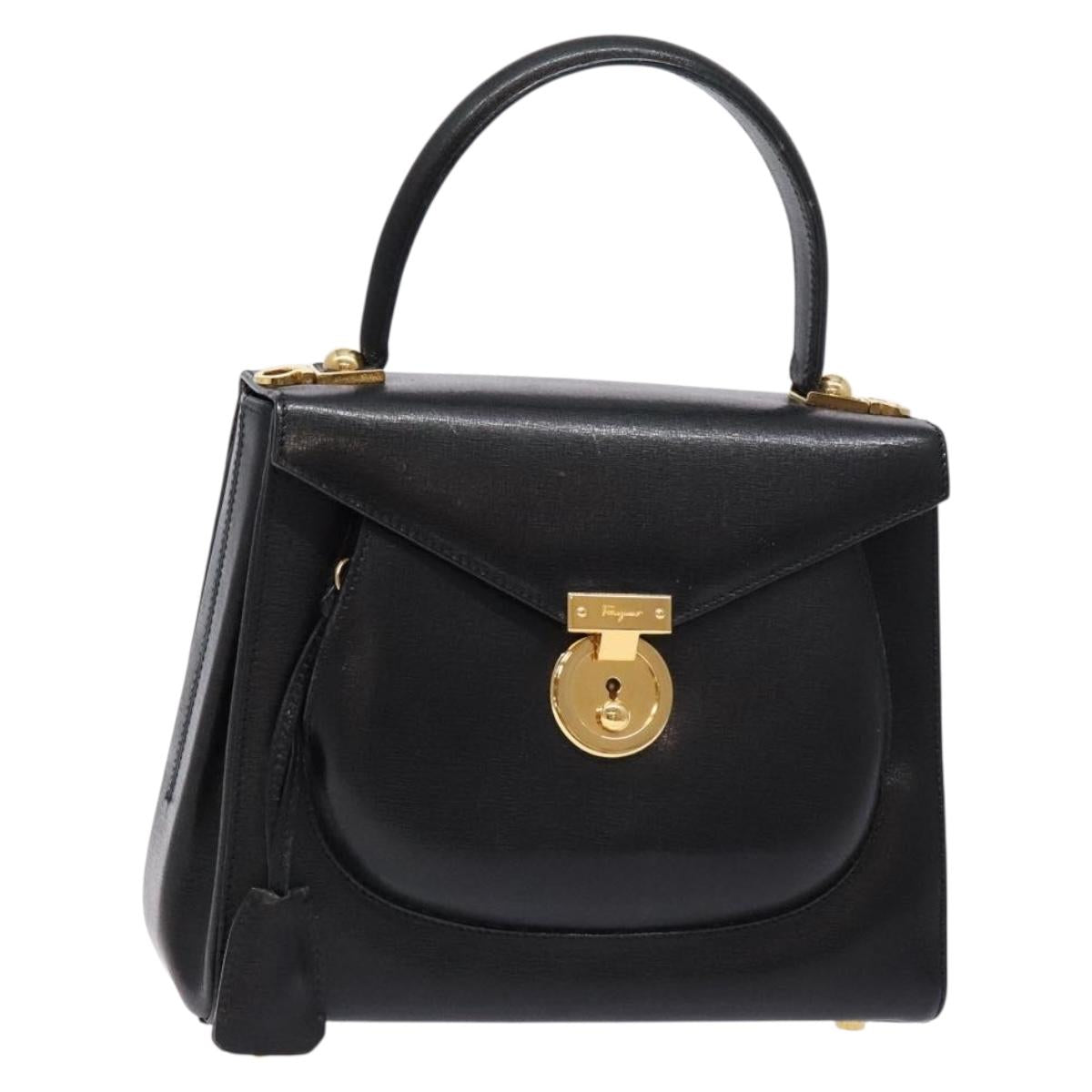Salvatore Ferragamo Hand Bag Leather 2way Black Gold Auth gh621