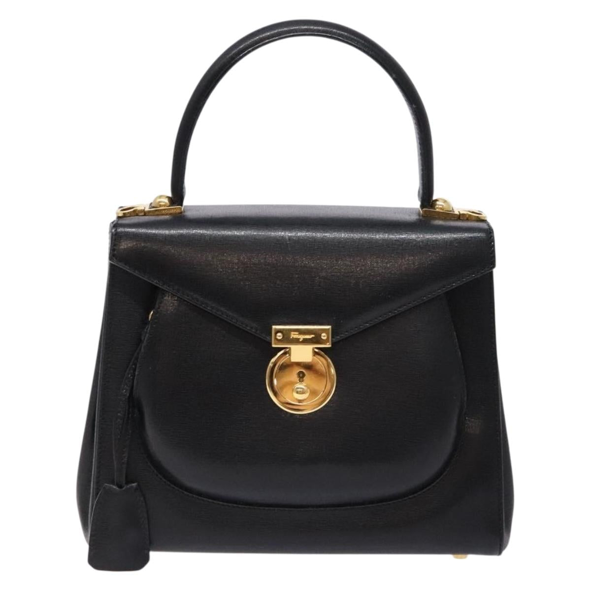 Salvatore Ferragamo Hand Bag Leather 2way Black Gold Auth gh621
