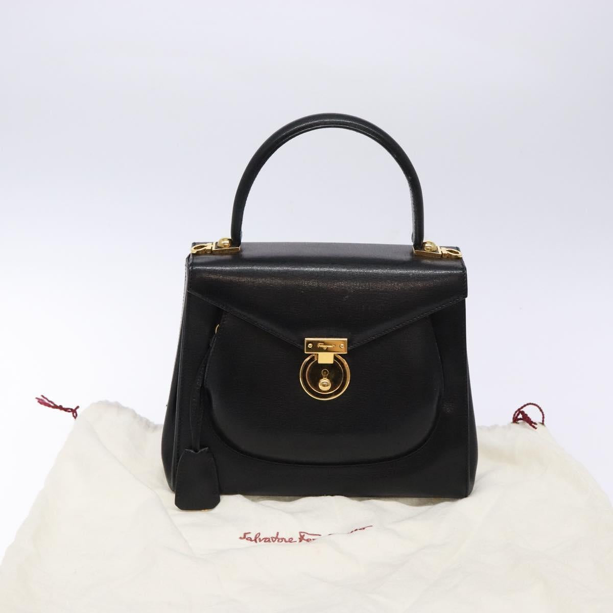 Salvatore Ferragamo Hand Bag Leather 2way Black Gold Auth gh621