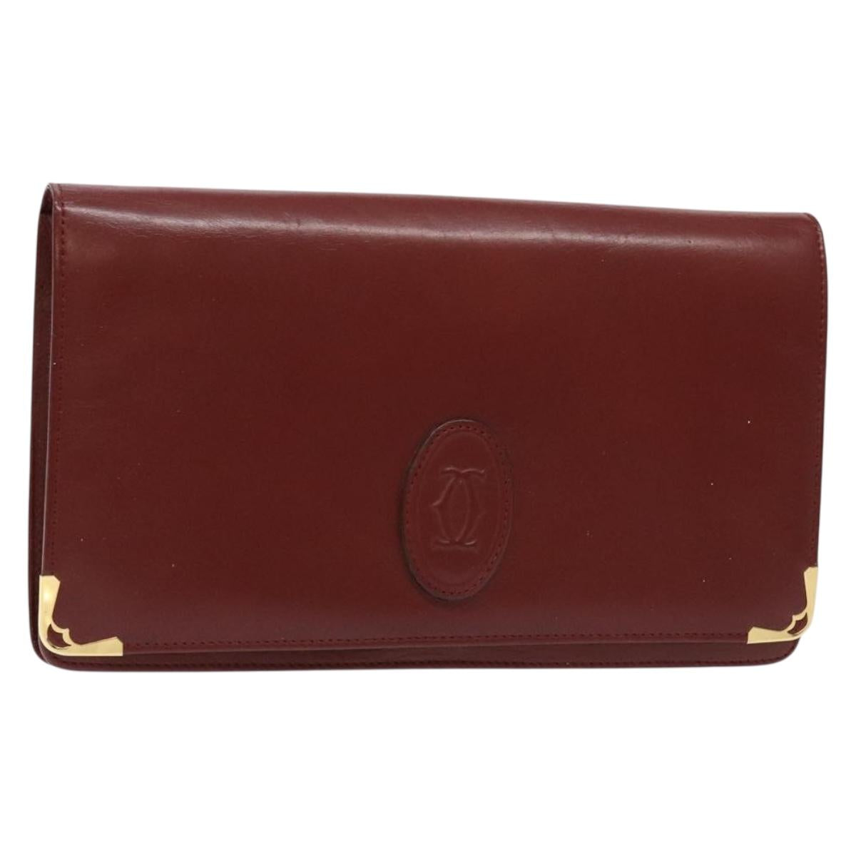 CARTIER Must Line Clutch Bag Leather Bordeaux Gold Auth gh624