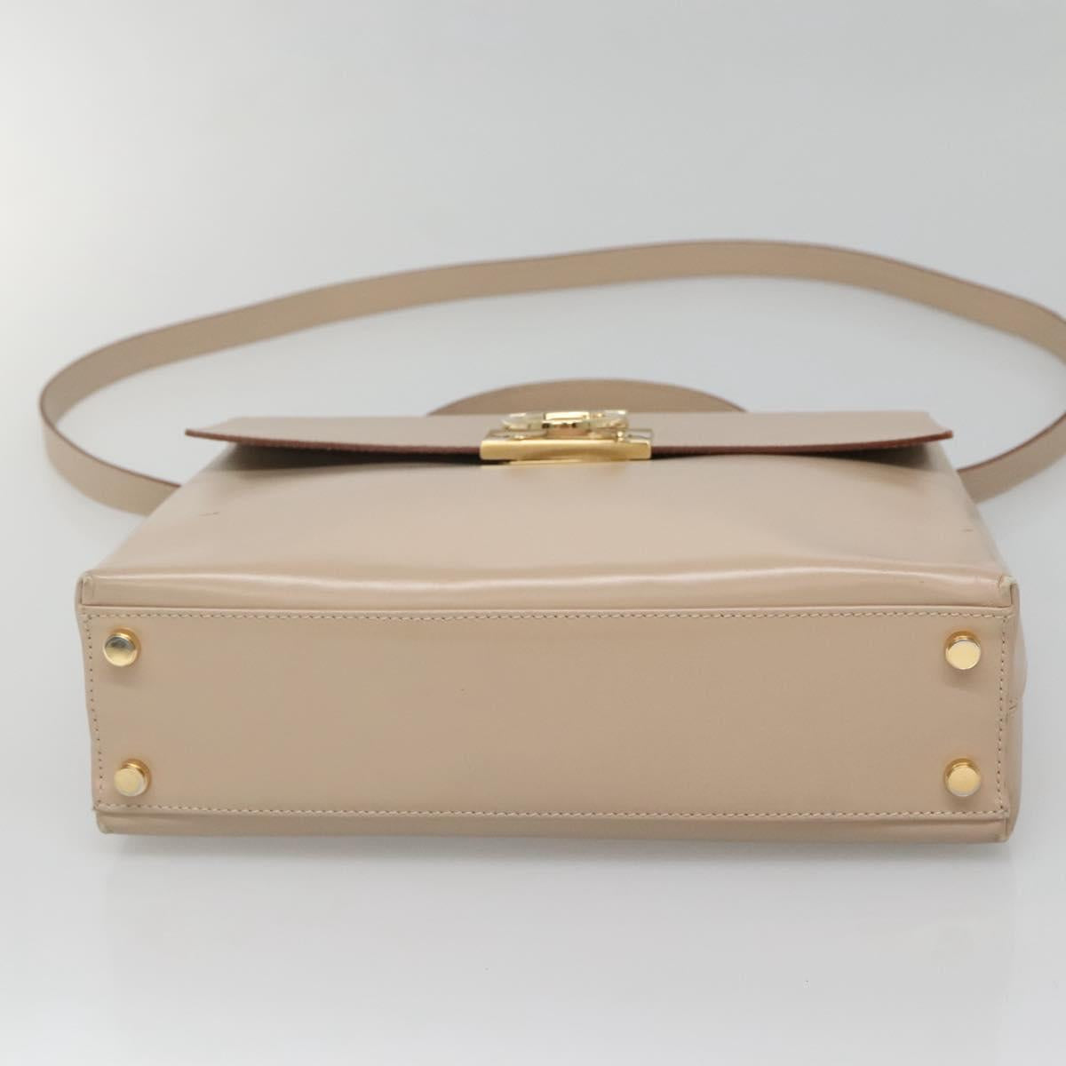 Salvatore Ferragamo Gancini Hand Bag Leather 2way Beige Gold Auth gh629