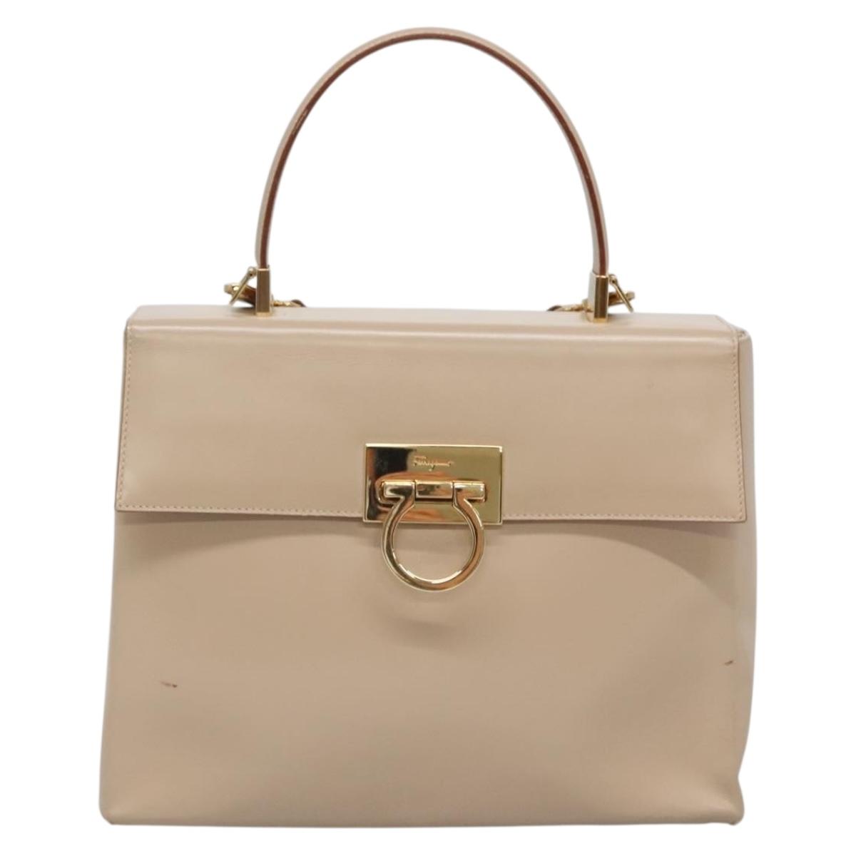 Salvatore Ferragamo Gancini Hand Bag Leather 2way Beige Gold Auth gh629