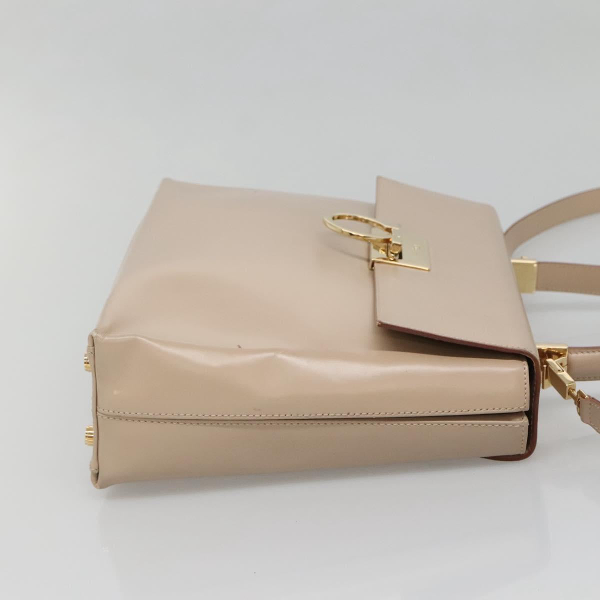 Salvatore Ferragamo Gancini Hand Bag Leather 2way Beige Gold Auth gh629