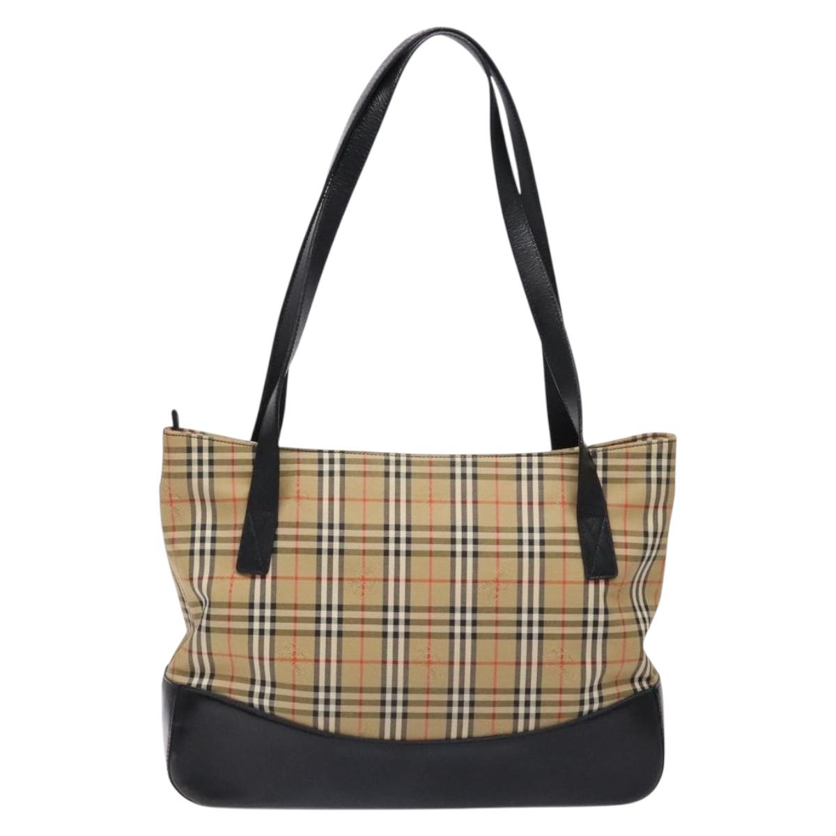 Burberrys Nova Check Tote Bag Canvas Leather Beige Gold Auth gh641