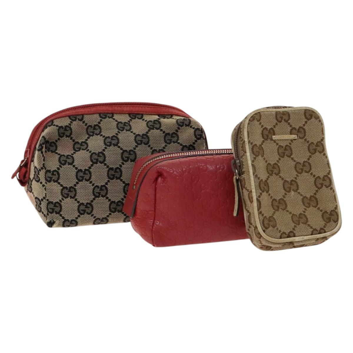 GUCCI GG Canvas Pouch Leather 3Set Beige Red Auth gh650