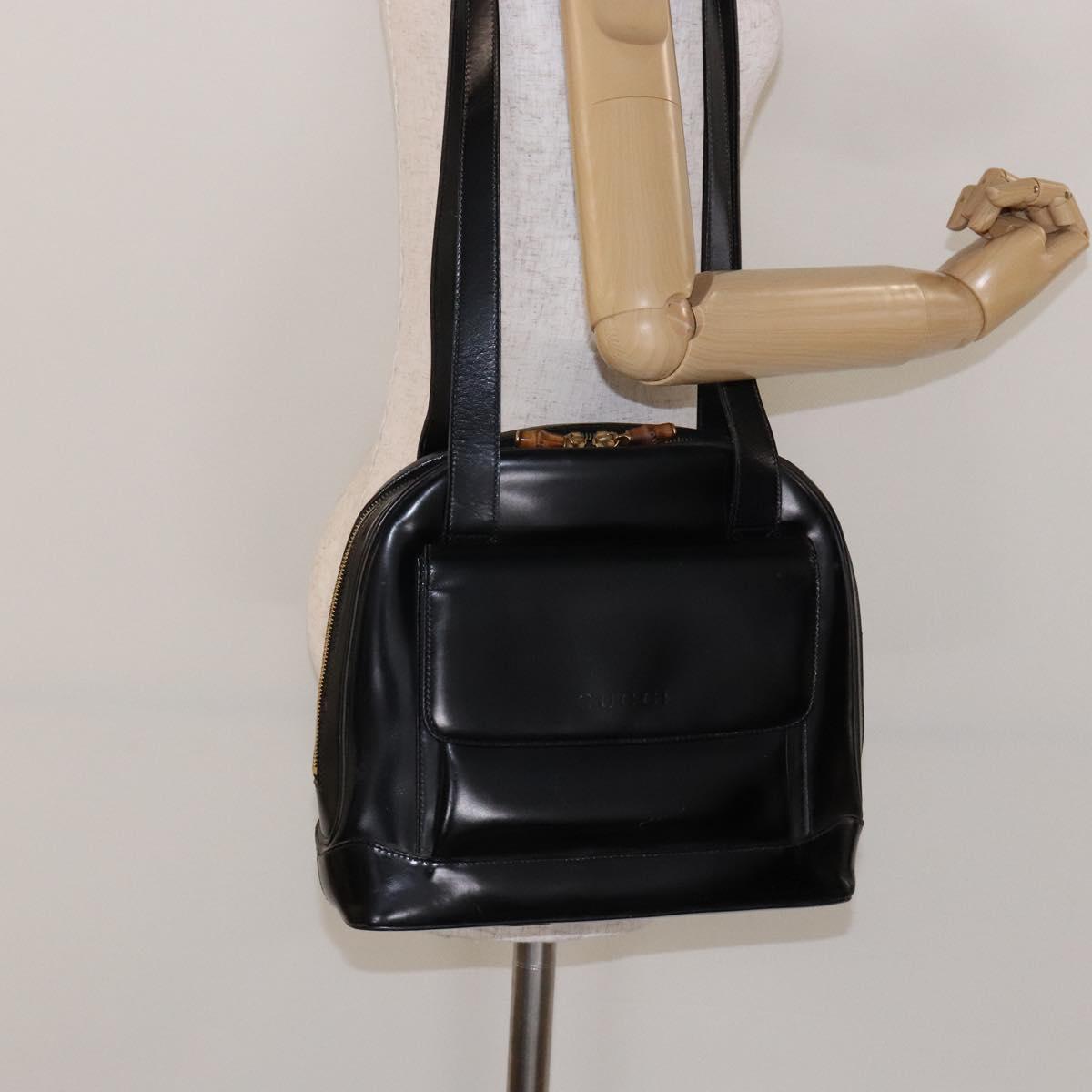 GUCCI Bamboo Shoulder Bag Patent leather Black Gold Auth gh652