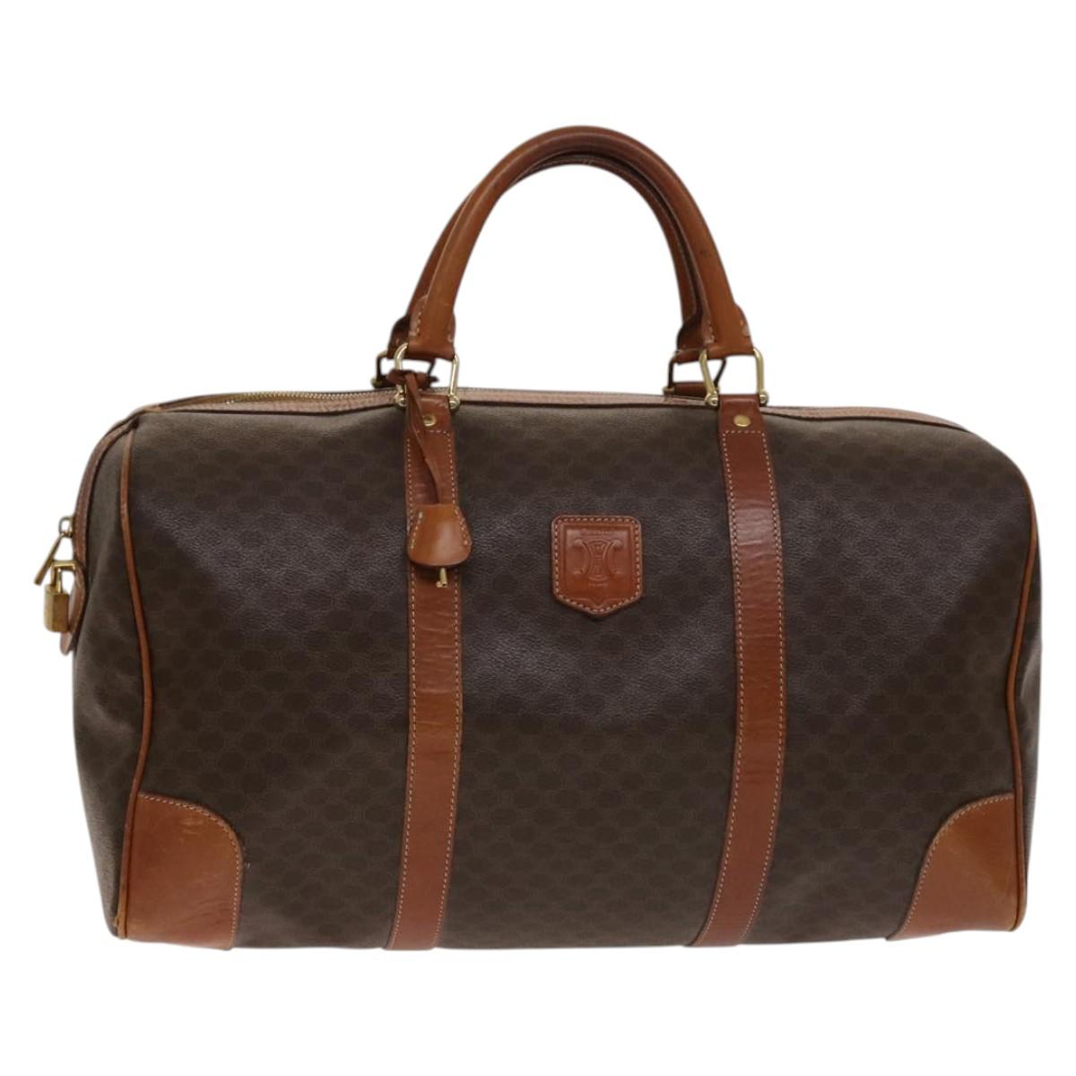 CELINE Macadam Canvas Boston Bag PVC Brown Gold Auth gh671