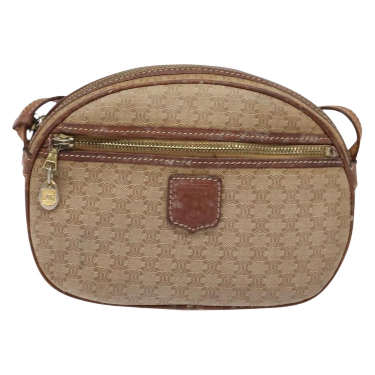CELINE Macadam Canvas Shoulder Bag PVC Beige Gold Auth gh675