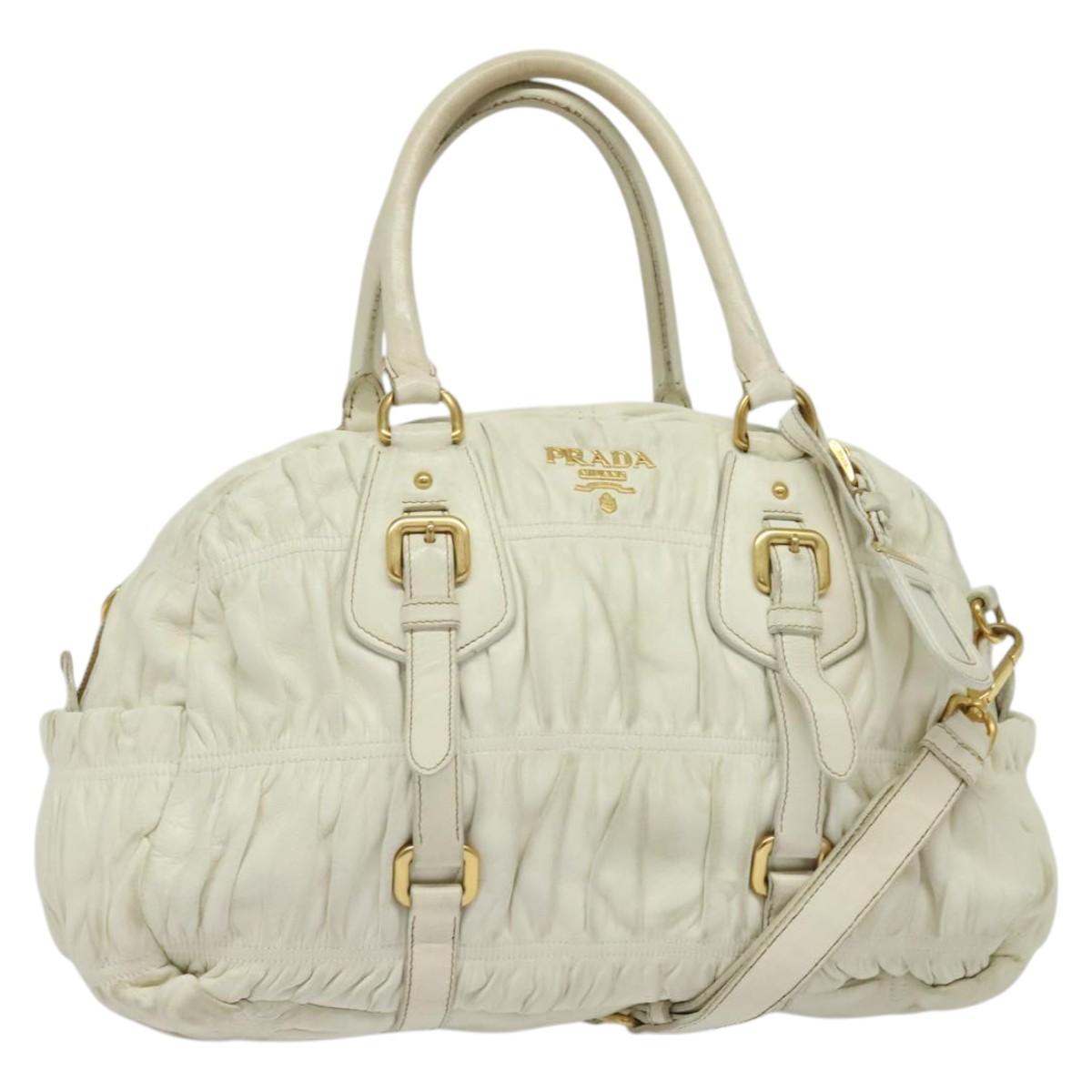 PRADA Hand Bag Leather 2way White Gold Auth gh676