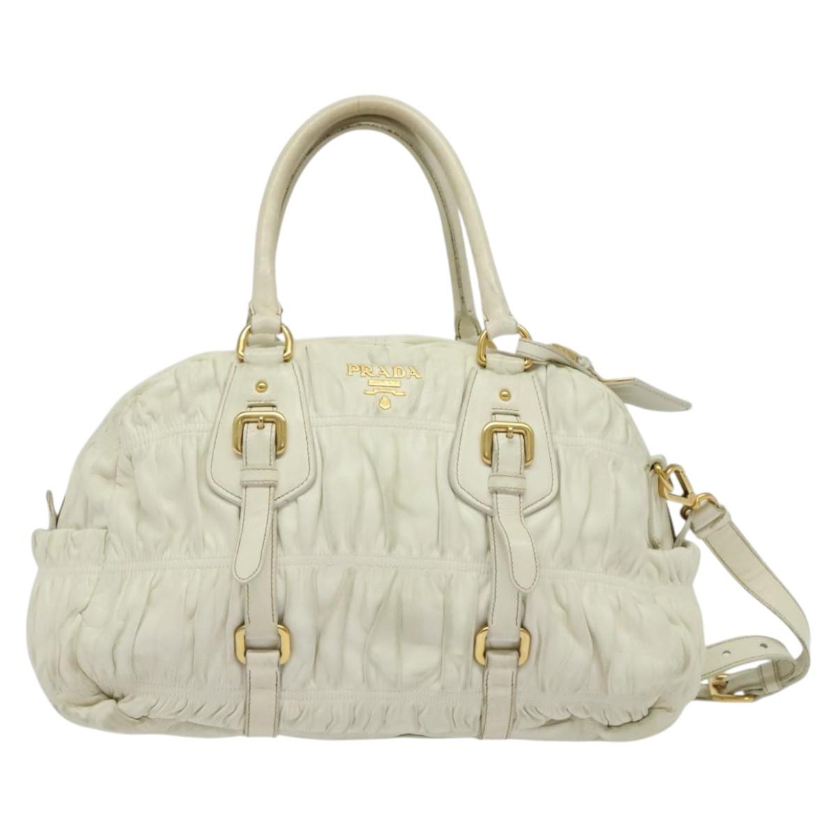 PRADA Hand Bag Leather 2way White Gold Auth gh676