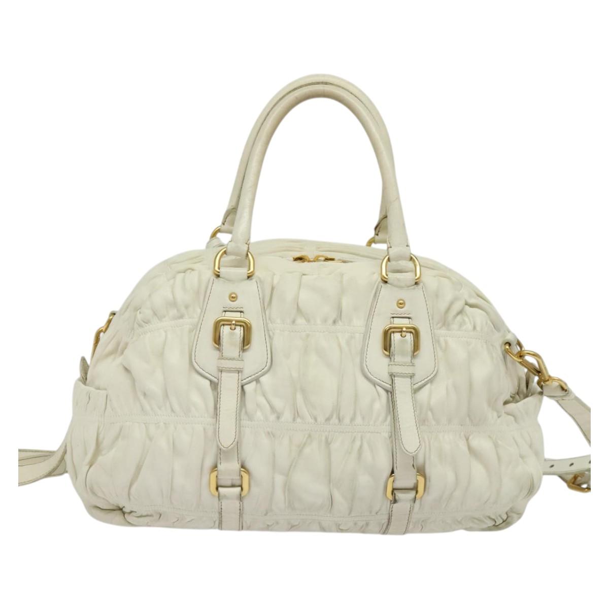 PRADA Hand Bag Leather 2way White Gold Auth gh676