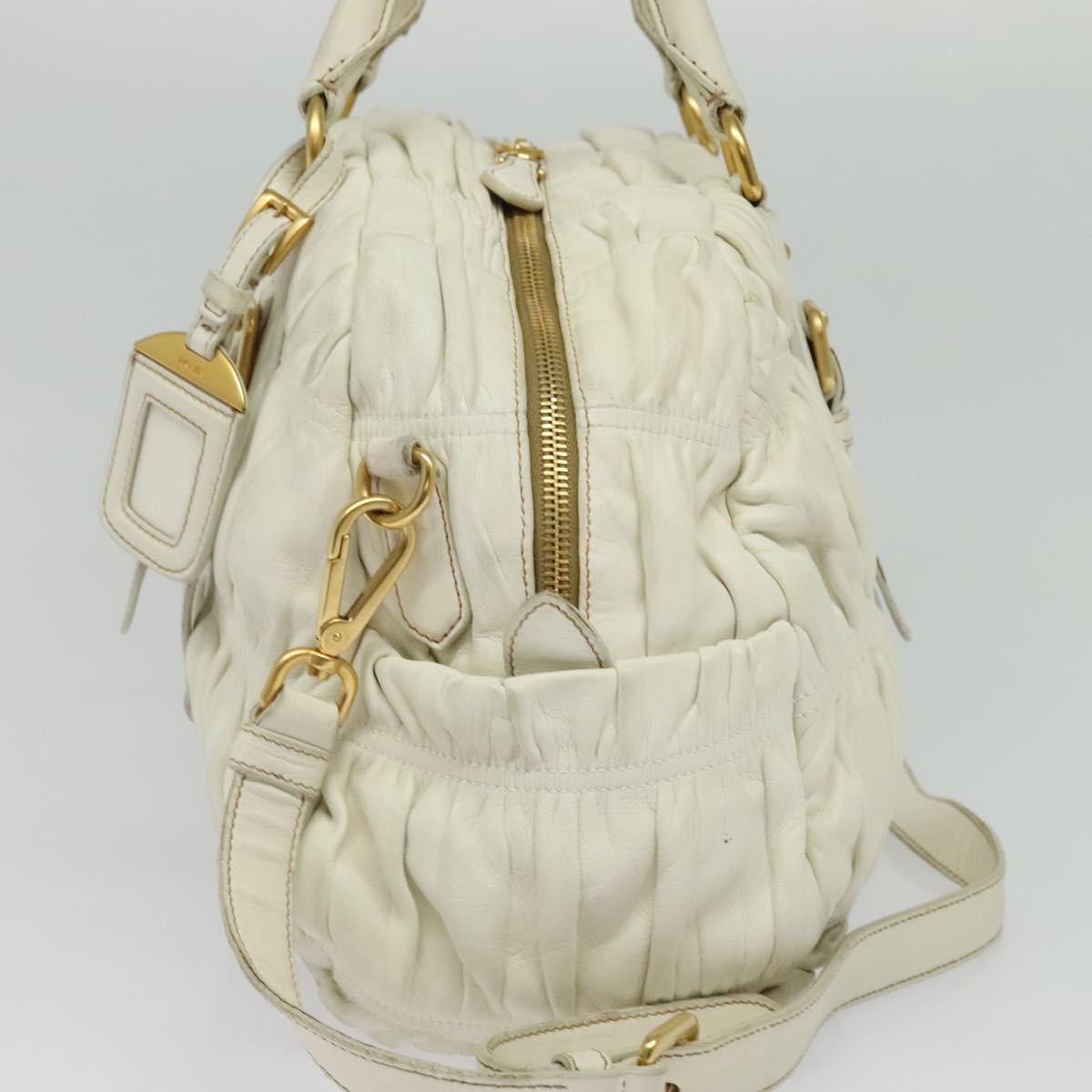 PRADA Hand Bag Leather 2way White Gold Auth gh676