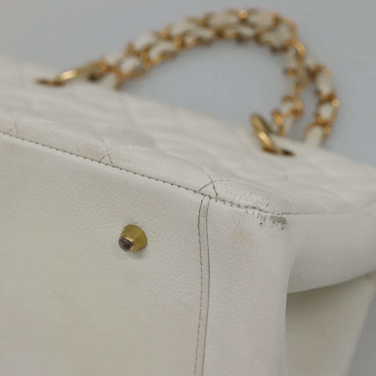 CHANEL COCO Mark Chain Hand Bag Caviar Skin White Gold CC Auth gh687
