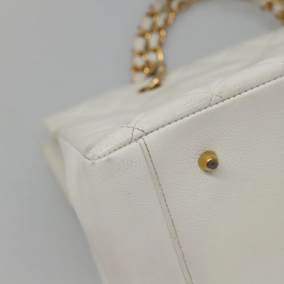CHANEL COCO Mark Chain Hand Bag Caviar Skin White Gold CC Auth gh687