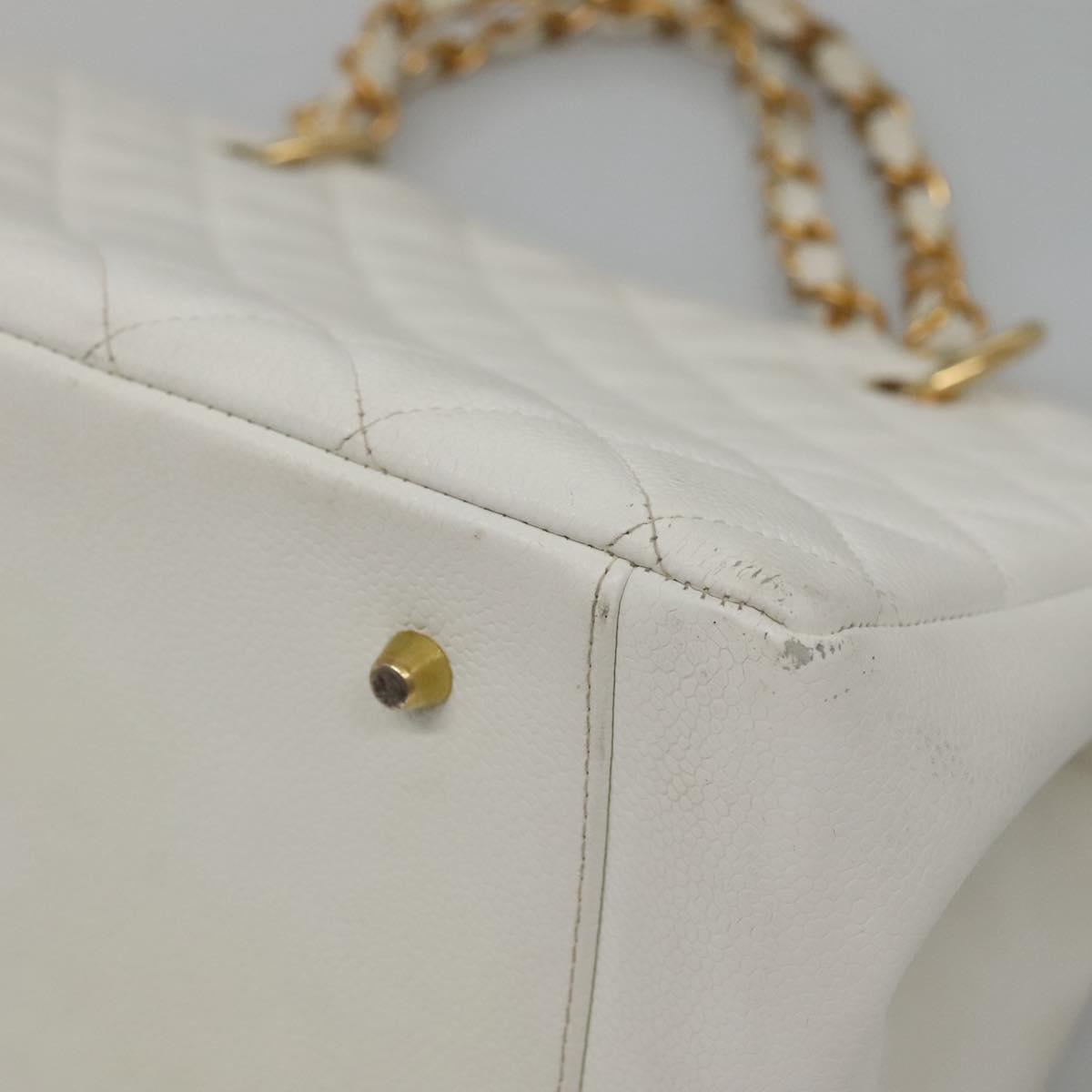 CHANEL COCO Mark Chain Hand Bag Caviar Skin White Gold CC Auth gh687