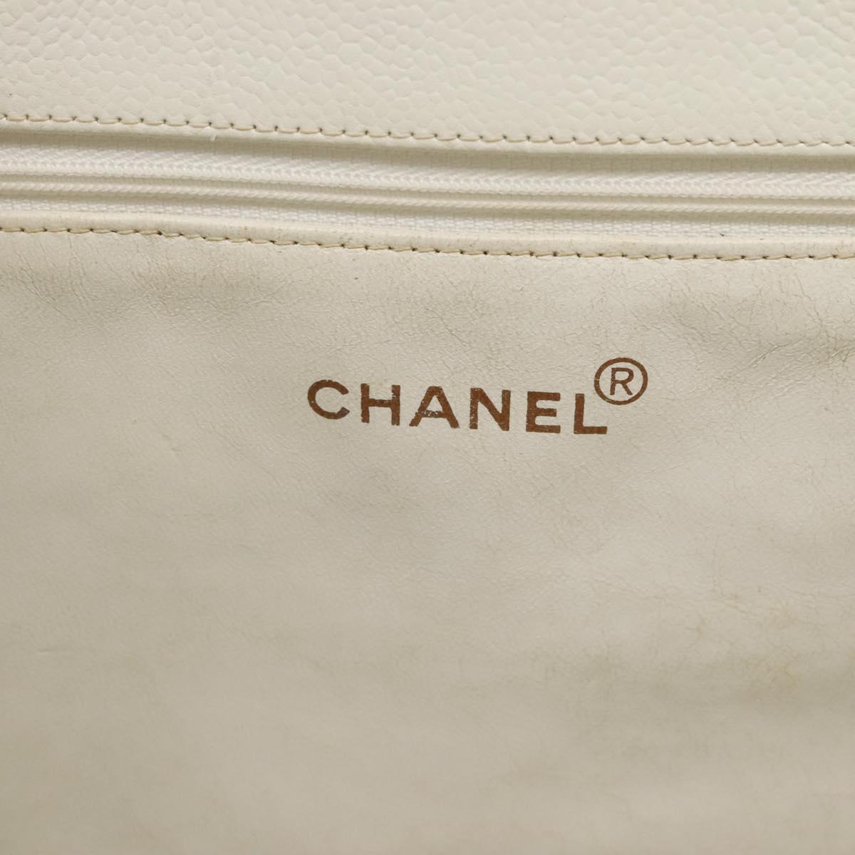 CHANEL COCO Mark Chain Hand Bag Caviar Skin White Gold CC Auth gh687