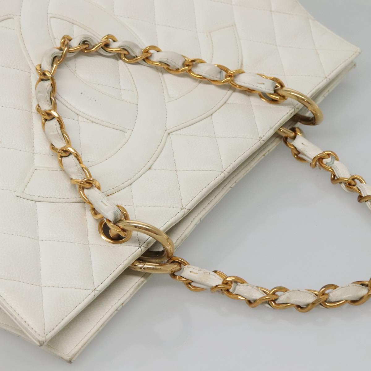 CHANEL COCO Mark Chain Hand Bag Caviar Skin White Gold CC Auth gh687