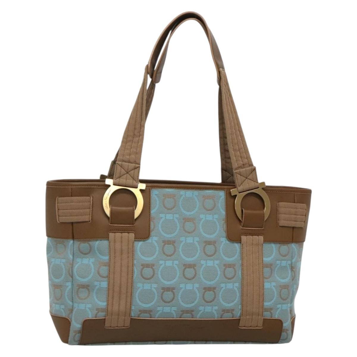Salvatore Ferragamo Gancini Tote Bag Canvas Leather Light Blue Gold Auth gh706
