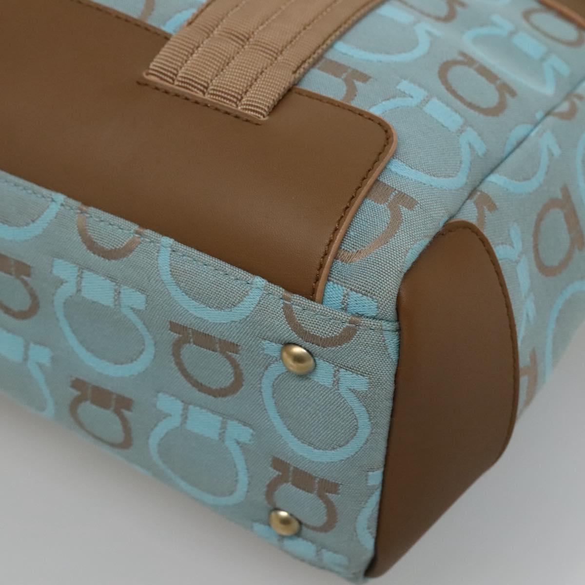 Salvatore Ferragamo Gancini Tote Bag Canvas Leather Light Blue Gold Auth gh706
