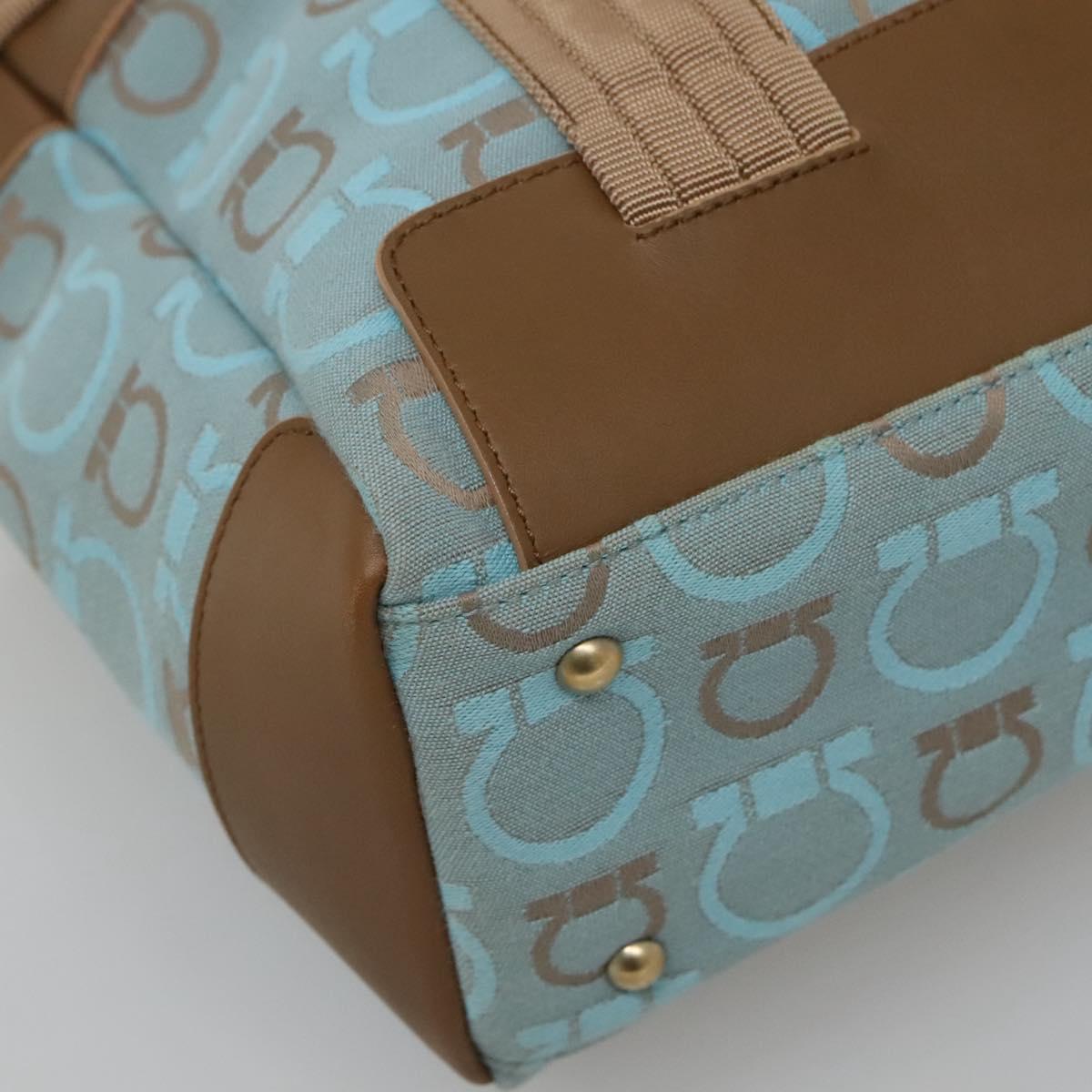 Salvatore Ferragamo Gancini Tote Bag Canvas Leather Light Blue Gold Auth gh706