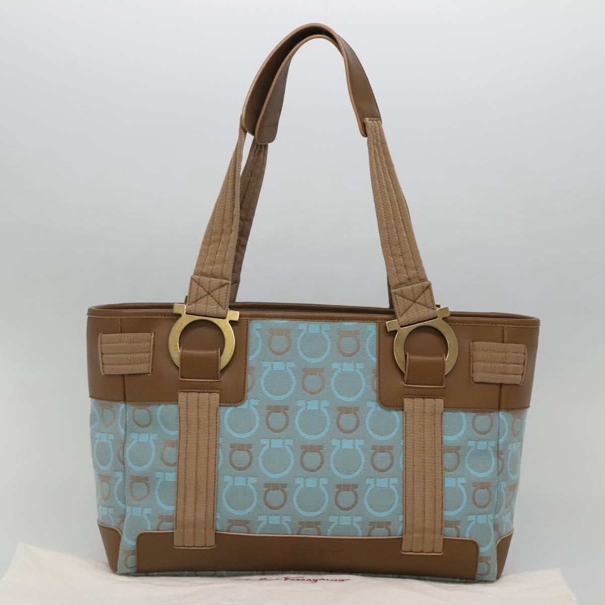 Salvatore Ferragamo Gancini Tote Bag Canvas Leather Light Blue Gold Auth gh706