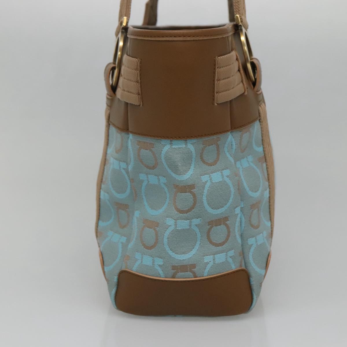 Salvatore Ferragamo Gancini Tote Bag Canvas Leather Light Blue Gold Auth gh706