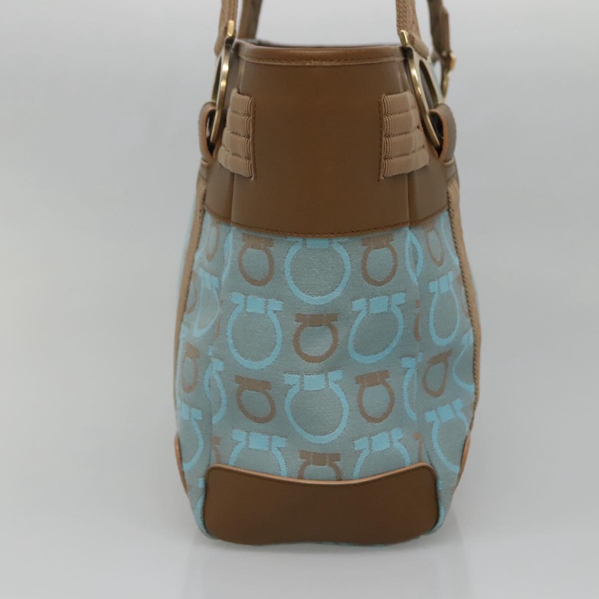 Salvatore Ferragamo Gancini Tote Bag Canvas Leather Light Blue Gold Auth gh706