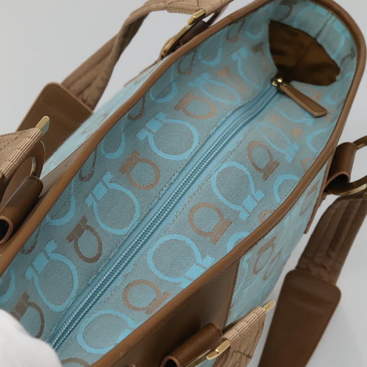 Salvatore Ferragamo Gancini Tote Bag Canvas Leather Light Blue Gold Auth gh706