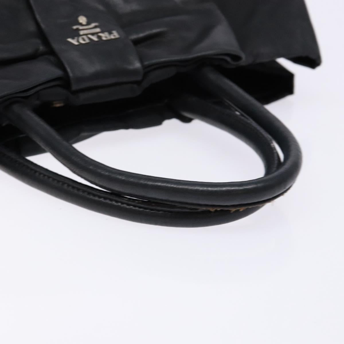PRADA Ribbon Hand Bag Leather Nylon Black Silver Auth gh713