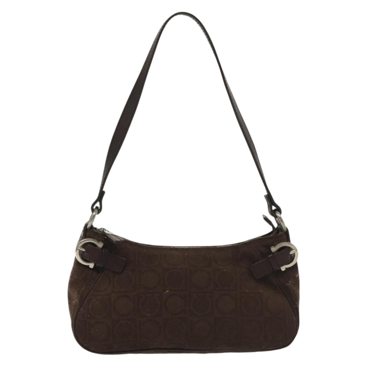 Salvatore Ferragamo Accessory Pouch Suede Brown Silver Auth gh716